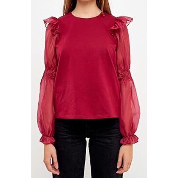 ANTHROPOLOGIE English Factory Ruffled Sleeve Blouse Size 1X Wine Red Mix Organza - Picture 1 of 11
